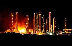 A fire burns at the Innovene plant, formerly BP Amoco Chemical, about 15 miles southwest of Hitchcock, Texas, Wednesday night, Aug. 10, 2005. Lt. Becky McCall of the Brazoria County Sheriff&apos;s Department said everyone at the plant had been accounted for and there were no injuries.