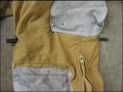 The strut is shown in the position as it impaled in Firefighter Hill&apos;s thigh. The entry and exit points are in the thigh area, above the knee.