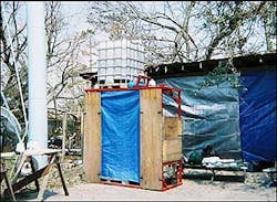 Firefighters from Pass Christian, Mississippi constructed a makeshift shower out of the frame of a CPAT push-pull station. Firefighters from Pass Christian, Mississippi constructed a makeshift shower out of the frame of a CPAT push-pull station.