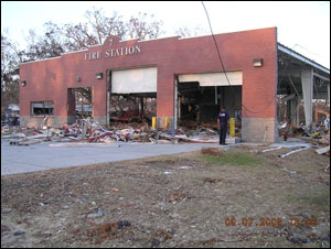 Gulfport, Miss. Fire Station 7 located at Cowan Road and Beach Blvd. Personnel were not in the station during the storm - they had been moved to a local elementary school due to its proximity to the beach.