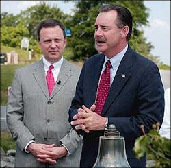 In this photo provided by FEMA, U.S. Fire Administrator R. David Paulison, right, speaks to firefighters while FEMA director Michael D. Brown listens during a ceremony honoring firefighters on National Stand Down Day for Firefighter Safety and Health at Loudoun County Fire Rescue Ashburn, Va. , on June 21, 2005. Brown resigned Monday, Sept. 12, 2005, three days after losing his onsite command of the Hurricane Katrina relief effort. The White House picked Paulison as his replacement. In this photo provided by FEMA, U.S. Fire Administrator R. David Paulison, right, speaks to firefighters while FEMA director Michael D. Brown listens during a ceremony honoring firefighters on National Stand Down Day for Firefighter Safety and Health at Loudoun County Fire Rescue Ashburn, Va. , on June 21, 2005. Brown resigned Monday, Sept. 12, 2005, three days after losing his onsite command of the Hurricane Katrina relief effort. The White House picked Paulison as his replacement.