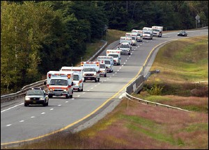 A convoy of ambulances, heading to Texas to assist FEMA, travels Interstate 91 in Brattleboro, Vt. Thursday, Sept. 26, 2005.