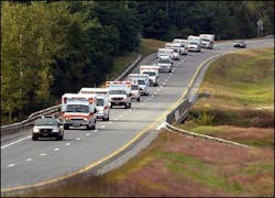 A convoy of ambulances, heading to Texas to assist FEMA, travels Interstate 91 in Brattleboro, Vt. Thursday, Sept. 26, 2005.
