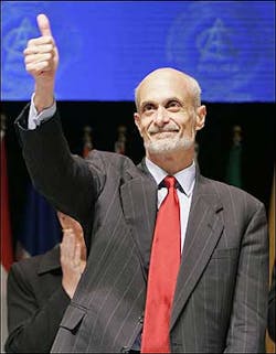 Homeland Security Secretary Michael Chertoff gives a thumbs up after speaking at the annual conference of the International Association of Chiefs of Police, Tuesday, Sept. 27, 2005, in Miami Beach, Fla.