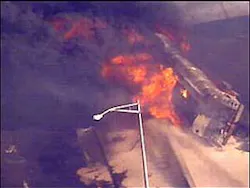 (New York -WABC, October 4, 2005) - Two tanker trucks collided at Hunts Point Avenue and Bruckner Blvd. right under the Bruckner Expressway in the Bronx.
