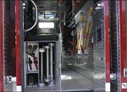 The body interior is equipped with a bench seat for six personnel with an enclosed storage area for folding, roof and extension ladders together with several Clemens and halligan hooks. The body interior is equipped with a bench seat for six personnel with an enclosed storage area for folding, roof and extension ladders together with several Clemens and halligan hooks.
