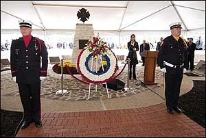 An honor guard is shown at the 24th annual National Fallen Firefighters Memorial Service at the National Fire Academy in Emmitsburg. Md., Sunday, Oct. 9, 2005. This year, the names of the 101 fallen firefighters from 34 states who died in the line of duty in 2004 will be added, along with the names of six firefighters who died in previous years.