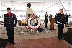 An honor guard is shown at the 24th annual National Fallen Firefighters Memorial Service at the National Fire Academy in Emmitsburg. Md., Sunday, Oct. 9, 2005. This year, the names of the 101 fallen firefighters from 34 states who died in the line of duty in 2004 will be added, along with the names of six firefighters who died in previous years.
