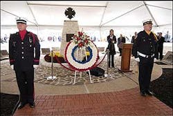 An honor guard is shown at the 24th annual National Fallen Firefighters Memorial Service at the National Fire Academy in Emmitsburg. Md., Sunday, Oct. 9, 2005. This year, the names of the 101 fallen firefighters from 34 states who died in the line of duty in 2004 will be added, along with the names of six firefighters who died in previous years. An honor guard is shown at the 24th annual National Fallen Firefighters Memorial Service at the National Fire Academy in Emmitsburg. Md., Sunday, Oct. 9, 2005. This year, the names of the 101 fallen firefighters from 34 states who died in the line of duty in 2004 will be added, along with the names of six firefighters who died in previous years.