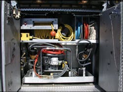 The storage of hydraulic rescue tools and electric cable reels can be combined in relatively small areas, when required. This unit is operated by the Waldorf, MD, Fire Department. The storage of hydraulic rescue tools and electric cable reels can be combined in relatively small areas, when required. This unit is operated by the Waldorf, MD, Fire Department.