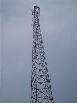 Hurricane-force winds severely damaged this radio tower. Disaster recovery plans should provide for such contingencies.