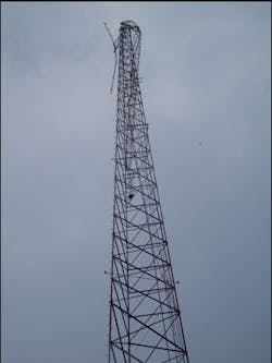 Hurricane-force winds severely damaged this radio tower. Disaster recovery plans should provide for such contingencies. Hurricane-force winds severely damaged this radio tower. Disaster recovery plans should provide for such contingencies.