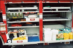 An air compressor on Hazmat 1 with an air supply cart, lower left, is used with portable air tools and other equipment.