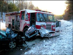 Thanks to training and safety precautions, no firefighters were injured when a car slammed into this apparatus. Thanks to training and safety precautions, no firefighters were injured when a car slammed into this apparatus.