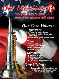 A poster distributed by the Fresno Fire Department lists its core values and vision.