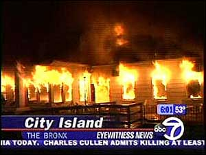 (City Isalnd-WABC, March 10, 2006) - A spectacular four-alarm fire is tearing through a century-old yacht club on City Island in the Bronx.