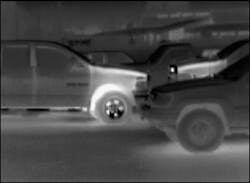 Notice that certain parts of the vehicle retain heat longer, indicating that the vehicle has been driven recently. The wheels and engine compartment are normally the two most visible heat sources on a vehicle. Keep in mind that environmental conditions can impact how long these heat sources are visible to the TI and that solar heat can create misleading thermal images. Notice that certain parts of the vehicle retain heat longer, indicating that the vehicle has been driven recently. The wheels and engine compartment are normally the two most visible heat sources on a vehicle. Keep in mind that environmental conditions can impact how long these heat sources are visible to the TI and that solar heat can create misleading thermal images.