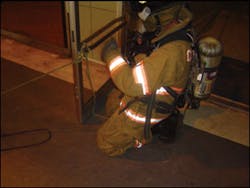 Anytime a search team ends its search and the search is not completed, the team members must mark the completion point. The search rope is tied off to a door to indicate that the search stopped at that point. Anytime a search team ends its search and the search is not completed, the team members must mark the completion point. The search rope is tied off to a door to indicate that the search stopped at that point.