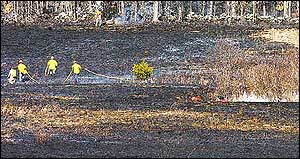 Seacoast firefighters pull hoses across a burned field in Newmarket as they pursue a brush fire on Monday.