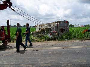 One man was flown to Hershey Medical Center after being injured Monday when this New Franklin Volunteer Fire Co. firetruck rolled over.