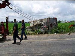 One man was flown to Hershey Medical Center after being injured Monday when this New Franklin Volunteer Fire Co. firetruck rolled over. One man was flown to Hershey Medical Center after being injured Monday when this New Franklin Volunteer Fire Co. firetruck rolled over.