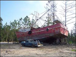 This shrimp boat now sits about a mile from the ocean.
