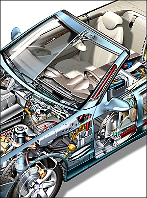 This closeup of the A-pillar that show this structural member contains an inner, rod-shaped assembly made ultra high-strength Boron metal.