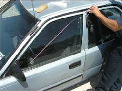 The insertion space for the long rod is maintained by the inflatable wedge. The tip of the tool will access the door handle, lock button, or window control in an effort to unlock the door. Over the past 18 months, the average vehicle contact time for McKinney responders to unlock a door has averaged 60 seconds or less with The Big Easy tool system.
