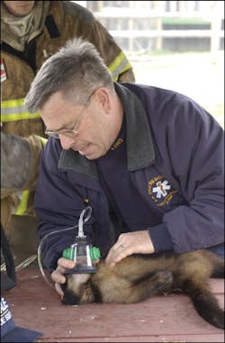 LaVale Volunteer Rescue Squad Lieutenant Steve Lilkson tries unsuccessfully to revive a baby monkey that was removed from the burning building.