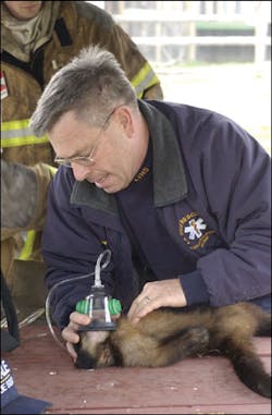 LaVale Volunteer Rescue Squad Lieutenant Steve Lilkson tries unsuccessfully to revive a baby monkey that was removed from the burning building. LaVale Volunteer Rescue Squad Lieutenant Steve Lilkson tries unsuccessfully to revive a baby monkey that was removed from the burning building.