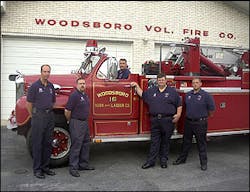 Woodsboro Volunteer Fire Company&apos;s 1955 B-85 open cab Mack ladder truck.