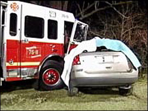 Above is the car of 84-year-old Paul S. Callaway, who was killed in January following the collision with this Ellendale fire truck.