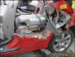 Making a two-door Volvo into a three-door was a major task. The base of the B-pillar was so large and so strong that the rescue team worked for an extended period to finally weaken the pillar and sidewall enough to complete the third-door evolution. Making a two-door Volvo into a three-door was a major task. The base of the B-pillar was so large and so strong that the rescue team worked for an extended period to finally weaken the pillar and sidewall enough to complete the third-door evolution.