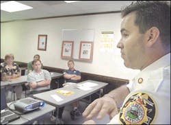 Beaufort firefighters speak to local physical education teachers on the importance of safety education. Adults are a difficult audience to reach because they often do not perceive a need for fire safety education. Beaufort firefighters speak to local physical education teachers on the importance of safety education. Adults are a difficult audience to reach because they often do not perceive a need for fire safety education.