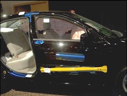 With the outer door panel cut away, it is possible to see the location of the two door collision beams on the Fusion. Note that all the exposed blue metal in this auto show display represents where ford has placed multiple layers of high-strength steel so their vehicle can meet the 2007 Federal crash standards. With the outer door panel cut away, it is possible to see the location of the two door collision beams on the Fusion. Note that all the exposed blue metal in this auto show display represents where ford has placed multiple layers of high-strength steel so their vehicle can meet the 2007 Federal crash standards.