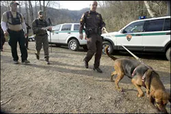 Joe Ware, left, McGrady Fire Department assistant chief, along with Lee Whitehead, center, Guilford County EMS, and K-9 Officer Cpl. Matt Bryant head out in search of Michael Auberry. Joe Ware, left, McGrady Fire Department assistant chief, along with Lee Whitehead, center, Guilford County EMS, and K-9 Officer Cpl. Matt Bryant head out in search of Michael Auberry.