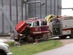 Fire crews were responding to a collision when their fire truck was hit by a minivan. Fire crews were responding to a collision when their fire truck was hit by a minivan.