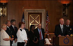Senator Leahy delivers message to Congress to investigate PSOB program while Harmes, NFFF, IAFF and CFSI representatives and surviving firefighter family members look on. Senator Leahy delivers message to Congress to investigate PSOB program while Harmes, NFFF, IAFF and CFSI representatives and surviving firefighter family members look on.