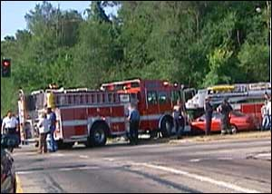 Four firefighters were taken to hospitals to be checked over, but none was seriously hurt.