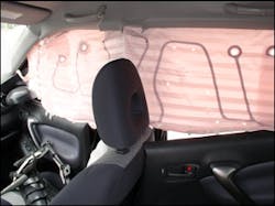 A deployed roof airbag can cover all the window area along the impact side of the vehicle. This airbag will obstruct rescue and EMS personnel working on this side of the vehicle. A deployed roof airbag can cover all the window area along the impact side of the vehicle. This airbag will obstruct rescue and EMS personnel working on this side of the vehicle.