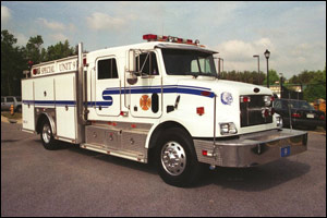 Indian Head Volunteer Fire Department's Special Unit 9 responds on HazMat responses. The unit is a 2000 Peterbilt with a 750 gpm pump and 500-gallon water tank and carries foam.