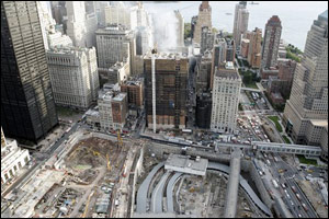 Fire broke out at the abandoned Deutsche Bank Building,center, bordering ground zero in Downtown Manhattan in New York Saturday, Aug. 18, 2007.