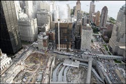 Fire broke out at the abandoned Deutsche Bank Building,center, bordering ground zero in Downtown Manhattan in New York Saturday, Aug. 18, 2007. Fire broke out at the abandoned Deutsche Bank Building,center, bordering ground zero in Downtown Manhattan in New York Saturday, Aug. 18, 2007.