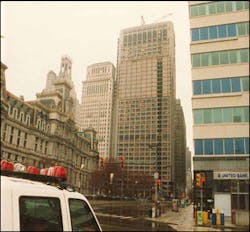 Three Philadelphia firefighters perished while battling a 12-alarm fire at One Meridian plaza. The fire, started by used rags, spread through eight floors before being contained. Three Philadelphia firefighters perished while battling a 12-alarm fire at One Meridian plaza. The fire, started by used rags, spread through eight floors before being contained.