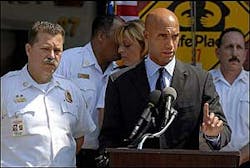D.C. officials (from left) Fire Chief Dennis L. Rubin, Police Chief Cathy L. Lanier and Mayor Adrian M. Fenty spoke outside Engine 27, the Northeast station at the center of the inquiry.