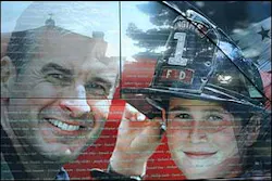 The steeple of the National Fallen Firefighters' Chapel is reflected on the bus that contained the names of 3,147 fallen heroes.