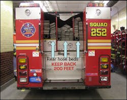 The rear hosebed of an FDNY Squad includes supply line, 2 1/2-inch and 1 3/4-inch hoselines. The rear hosebed of an FDNY Squad includes supply line, 2 1/2-inch and 1 3/4-inch hoselines.