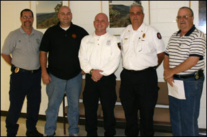 In attendance at the Clarksville City Council regarding the efforts of banning novelty lighters were Chief Frank T. Hill, Sherwood Fire Department; (left to right) Nathan Travis, Arkansas Children's Hospital; Lt. Mark Shoemaker, North Little Rock Fire Department; Chief Randy Cox, Bryant Fire Department with Clarksville Fire Chief Ron Wylie.