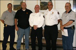 In attendance at the Clarksville City Council regarding the efforts of banning novelty lighters were Chief Frank T. Hill, Sherwood Fire Department; (left to right) Nathan Travis, Arkansas Children&apos;s Hospital; Lt. Mark Shoemaker, North Little Rock Fire Department; Chief Randy Cox, Bryant Fire Department with Clarksville Fire Chief Ron Wylie.