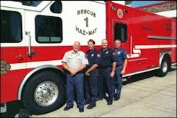 Station 60 crew members (from left to right) Capt. Pat Wurth, FAE Mick Benes, FF Jim Ludlow, and FF Scott Fox. Station 60 crew members (from left to right) Capt. Pat Wurth, FAE Mick Benes, FF Jim Ludlow, and FF Scott Fox.